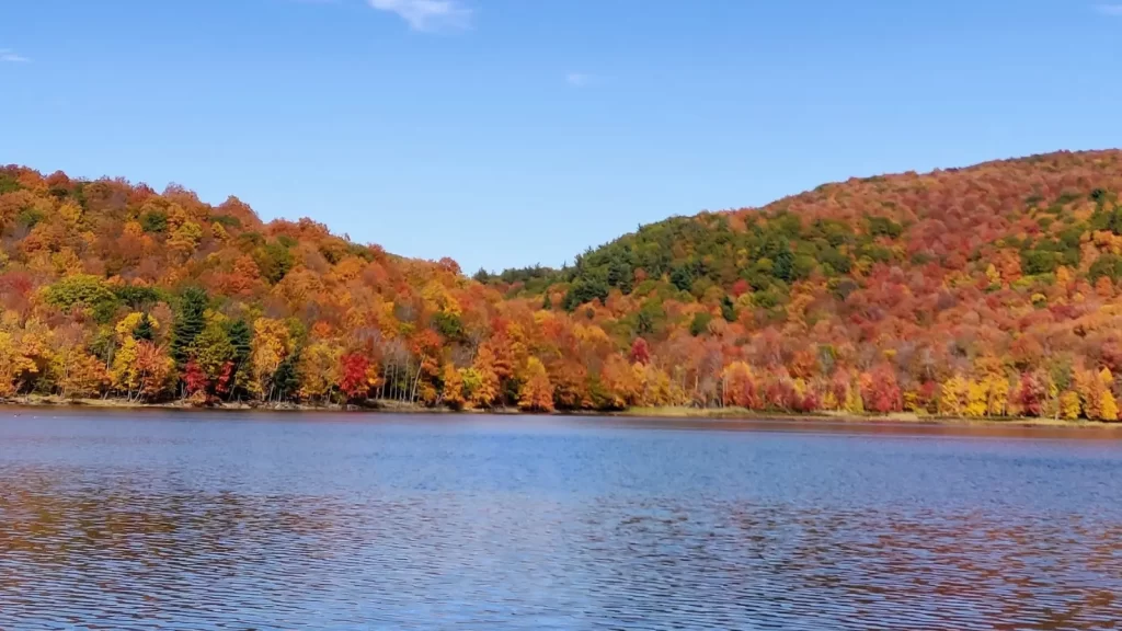 A view of the lake in Mont Saint Hillare surrounded by trees in fall colors