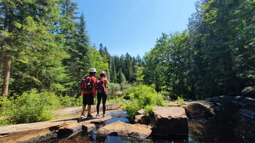 People standing in front of a stream of water