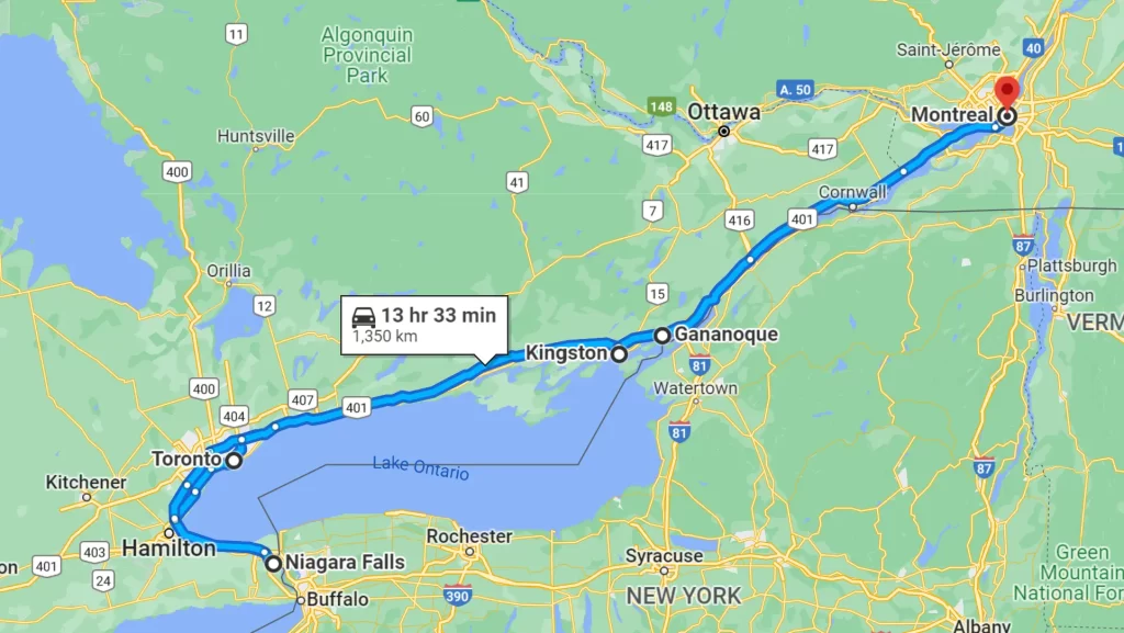 Google maps pointing to a road trip plan starting in Montreal, passing by Gananoque, Toronto and Niagara Falls