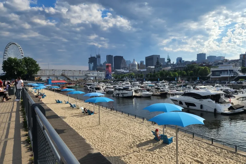 view of montreal old port with an urban sandy beach